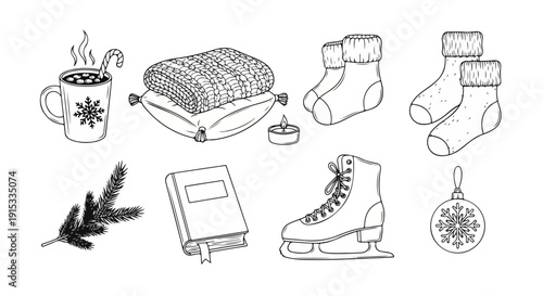 A cozy winter scene with various objects and activities depicted in a charming sketch Vector