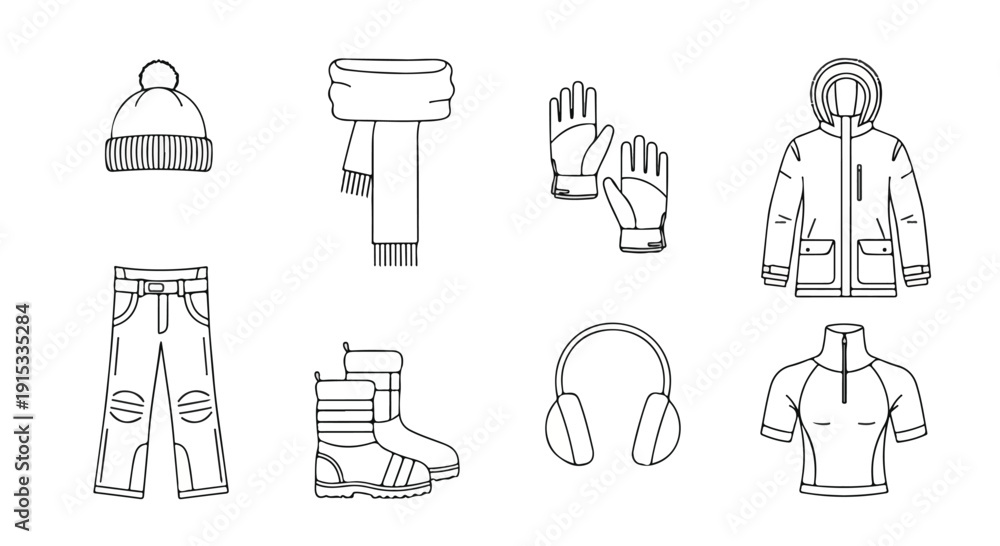 Fototapeta premium Assorted winter clothing and accessories for cold weather protection Vector
