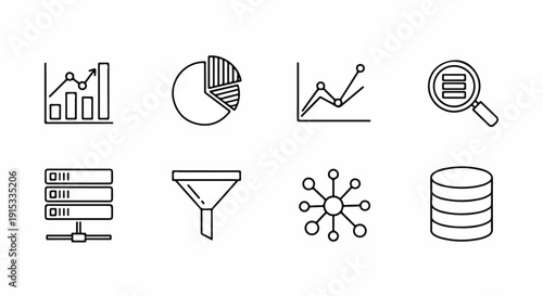 Icons representing various aspects of data analysis and management Vector