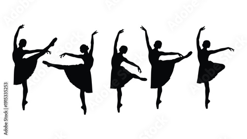 Five ballet dancers performing a synchronized routine on stage. isolated on white background, Vector