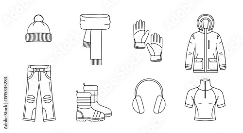 Assorted winter clothing and accessories for cold weather protection Vector