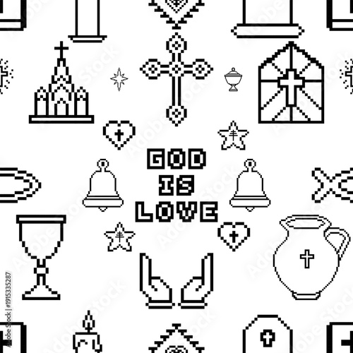 God Is Love Pixel Art Illustration with Christian Religious Icons