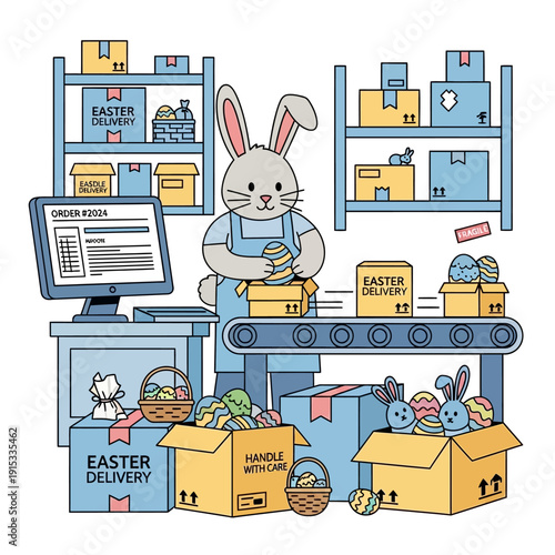 Cartoon bunny in blue apron packing Easter eggs and toys into boxes on a conveyor belt in a warehouse isolated on White Background