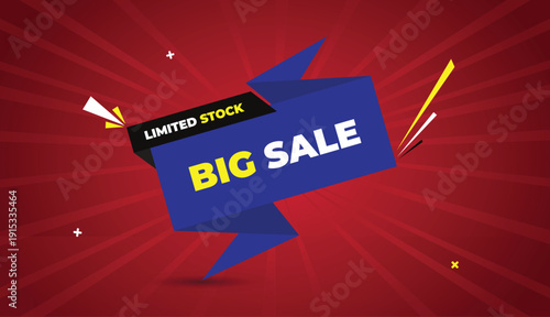 big sale limited stock web banner vector art badge icon label template design blue black gray shapes white yellow bold text dark red light sun shine abstract business marketing promotion background cr