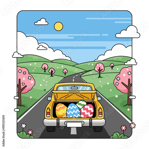 Cartoon Easter eggs in a yellow car trunk on a sunny road isolated on White Background