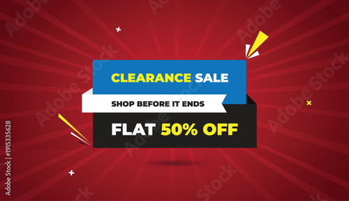 clearance mega sale shop early before ends flat fifty percent off web banner vector art template creative design badge icon label sky blue white gray black modern shapes yellow bold text dark red ligh