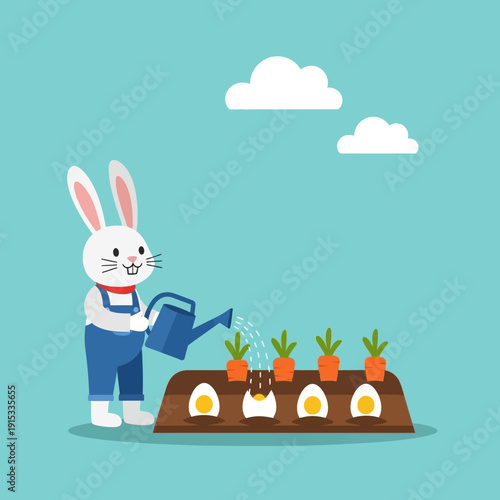 A white rabbit wearing blue overalls waters a row of growing carrots and eggs in a garden bed isolated on White Background