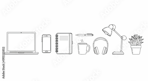 A collection of office items including a laptop, monitor, keyboard, and desk lamp Vector