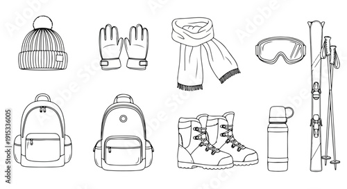 Essential gear for a day hike in the mountains Vector