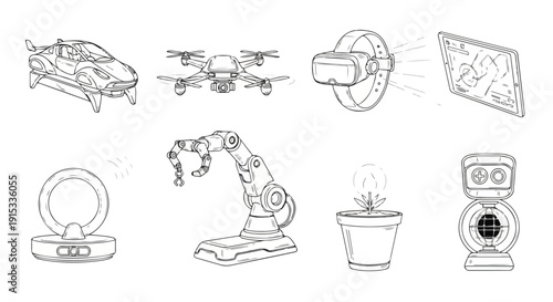 An assortment of diverse mechanical and technological illustrations Vector