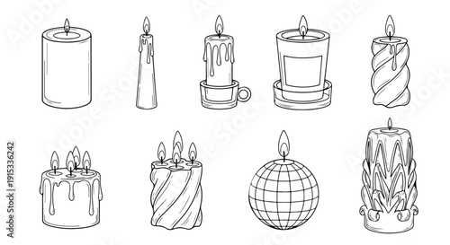A collection of various candle designs and holders in a line art illustration Vector