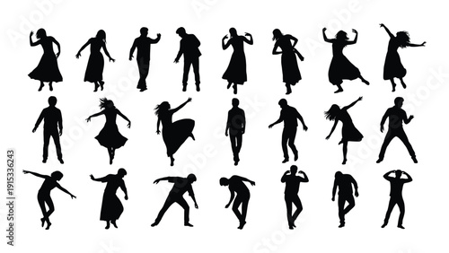 Silhouettes of dancers in various poses and styles showcasing diversity in dance isolated on white background, Vector