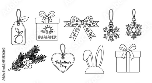 Assorted christmas-themed ornaments and decorations illustrated in black and white Vector
