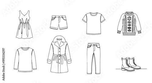 A collection of various clothing items and accessories for women Vector