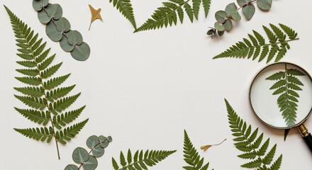 Natural botanical arrangement of green fern and eucalyptus leaves with a magnifying glass on a white background with copy space