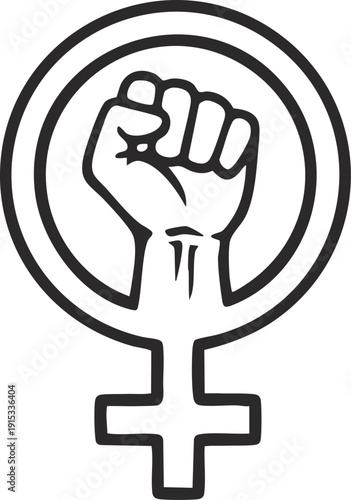 Flat cartoon Venus symbol with raised fist inside, strong and empowering design for women’s rights.