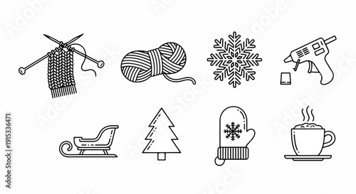 Illustrations of winter activities, tools, and symbols Vector