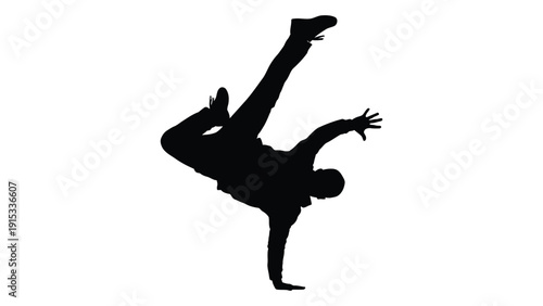 A silhouette of a person performing a dynamic breakdance move with one leg extended. isolated on white background, Vector