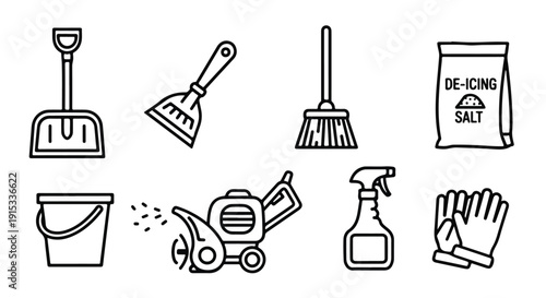 A variety of cleaning tools and supplies arranged in a row. Vector