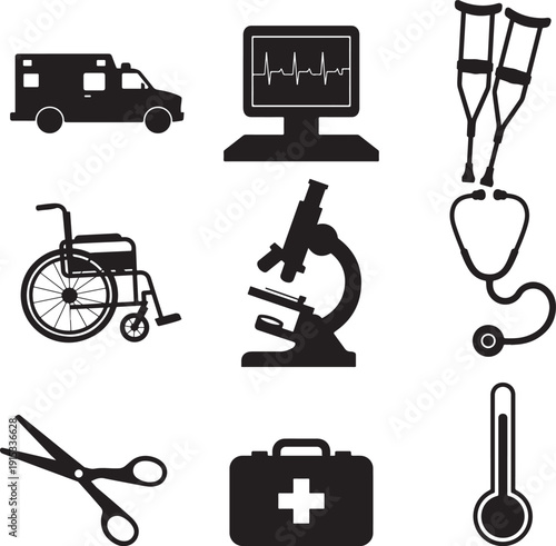 Medical Icons Set Including Ambulance, ECG Monitor, Tourniquet and Wheelchair, Microscope, Stethoscope, Scissors, First Aid Kit, Thermometer white background