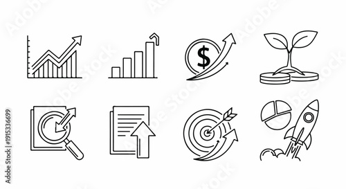 Icons representing various aspects of business and growth strategies Vector