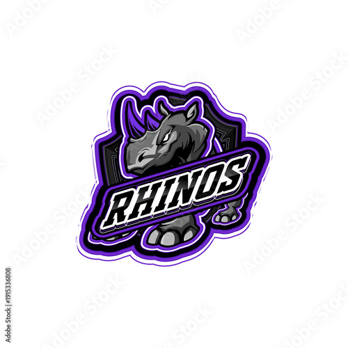 Powerful modern rhino sports e-sports mascot logo design vector. Rhinoceros icon in shield emblem, editable concept. Ideal for athletic teams, brands, branding, apparel design projects.