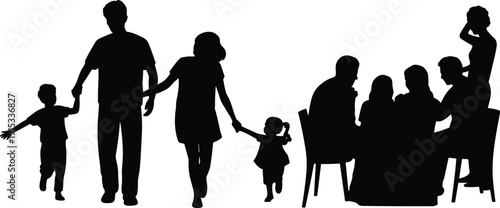 Happy family silhouette collection, parents with children walking and dining together, family bonding and togetherness concept vector illustration isolated on white background