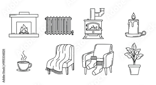 Cozy living room with fireplace, armchair, and potted plant. Vector