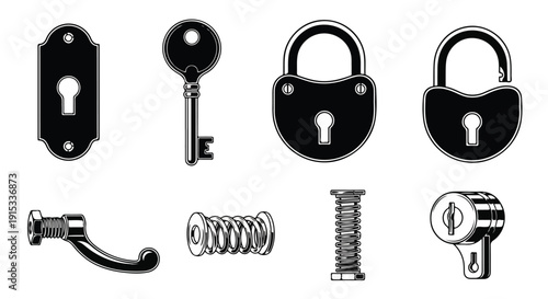 A collection of various locks and keys in black and white illustration Vector