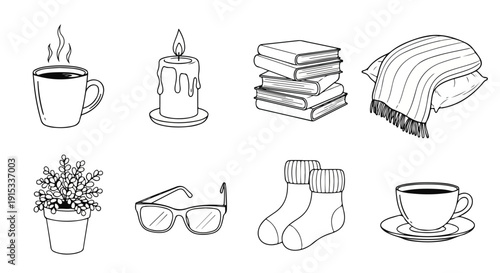 A collection of everyday items including a cup of coffee, a candle, and more. Vector