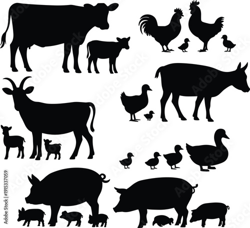 Farm animals silhouette collection, cow goat pig donkey chicken duck livestock set, rural agriculture farming vector illustration isolated on white background