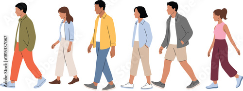 Diverse young adults walking in side profile, casual urban fashion people lineup, modern multicultural lifestyle flat vector illustration isolated on white background