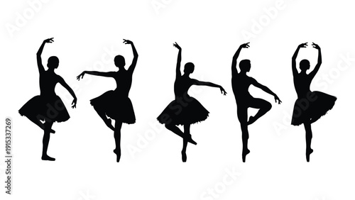 Five silhouettes of ballerinas in various ballet poses against a white background. isolated on white background, Vector
