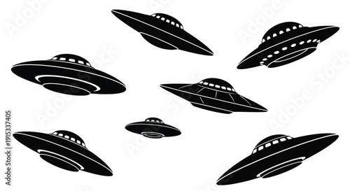 A collection of flying saucer silhouettes scattered across a plain white backdrop