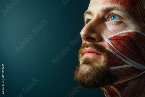 Man profile with facial muscle anatomy overlay, blue eyes, fitness concept