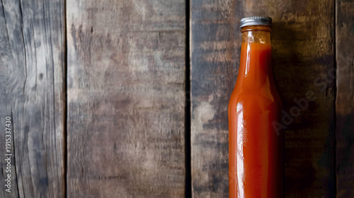 Glass bottle of red hot sauce on rustic wooden table, side view
