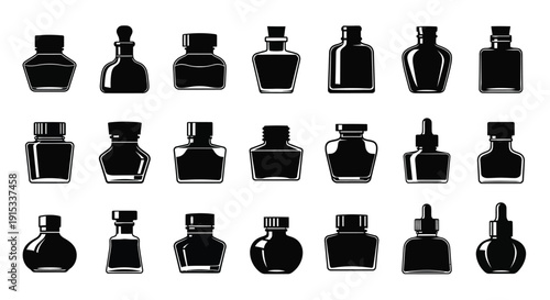 A collection of silhouette icons depicting various vintage ink bottles and vials