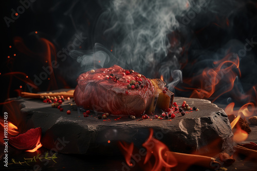 A steak is on a rock surrounded by flames and smoke