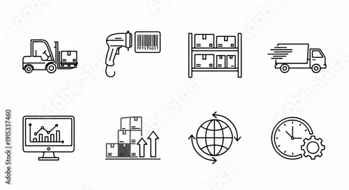 Icons representing various aspects of logistics and supply chain management Vector