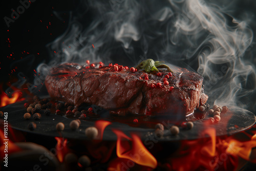 A steak is cooking on a grill with flames and smoke, surrounded by peppercorns