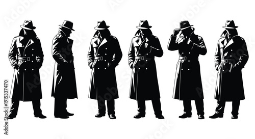 A collective of shadowy figures in classic trench coats and fedoras depicted in stark silhouette