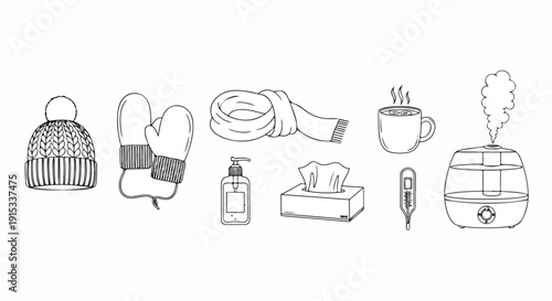 A collection of various objects including a hat, gloves, a chicken leg, a pizza, a cup of coffee, a book, a syringe, and a fish tank. Vector