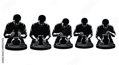 Artist sculpting clay on a pottery wheel demonstrating sequential stages of creation