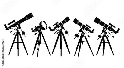 Array of Astronomical Telescopes in Silhouette on a White Background for Scientific Observation