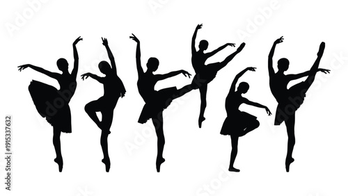 Silhouette of ballet dancers performing on stage in a line isolated on white background, Vector
