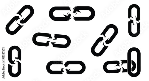 Broken chain link icons scattered across a white background representing disconnection and failure