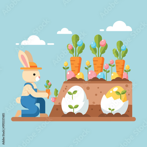 Easter bunny in overalls planting flowers and vegetables in a garden with eggs and seedlings on a sunny day isolated on White Background