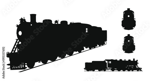 Classic Steam Locomotive Silhouettes Displaying Various Angles and Configurations on Rails
