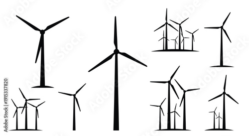 Collection of Black Silhouette Wind Turbines Against White Background