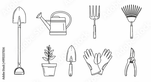A collection of gardening tools and accessories for plant care and maintenance. Vector